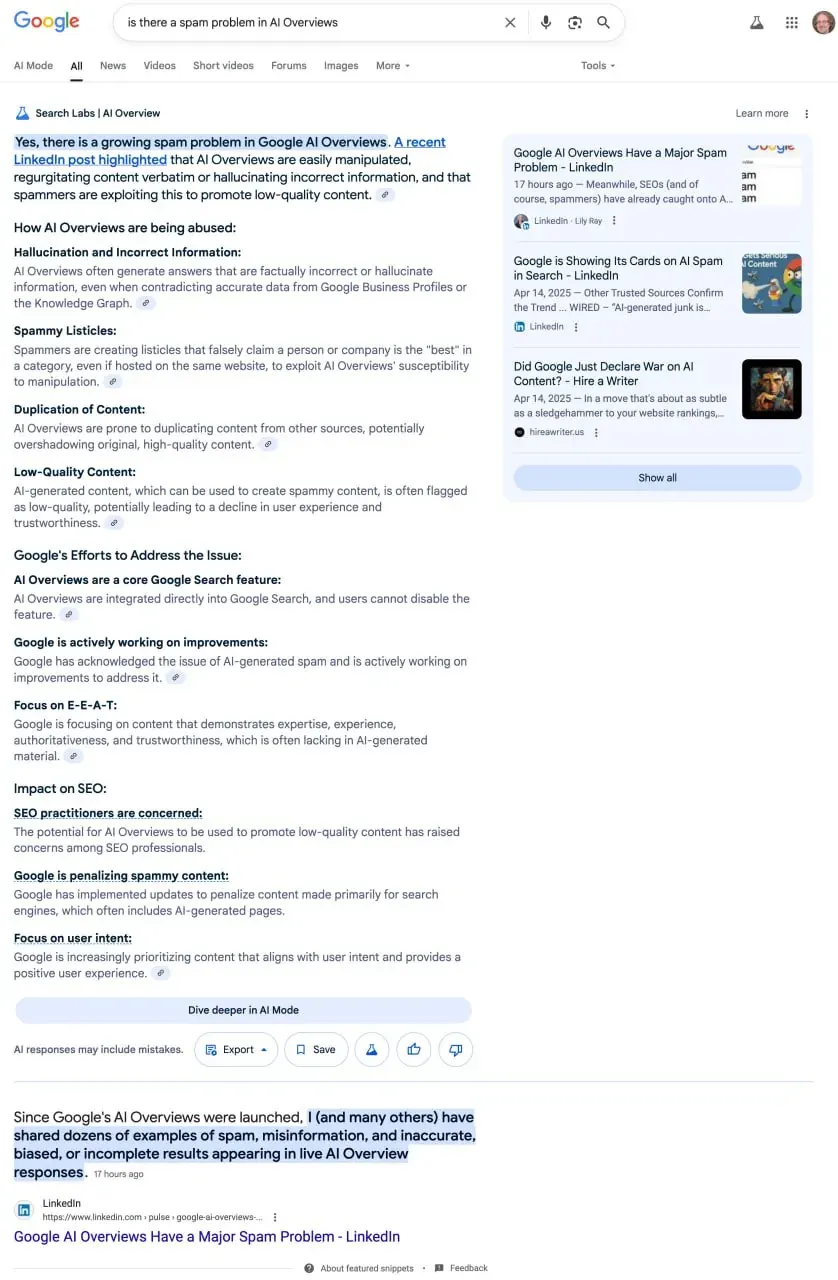 Google search results showing an AI Overview about spam problems in AI Overviews Google search results showing an AI Overview about spam problems in AI Overviews