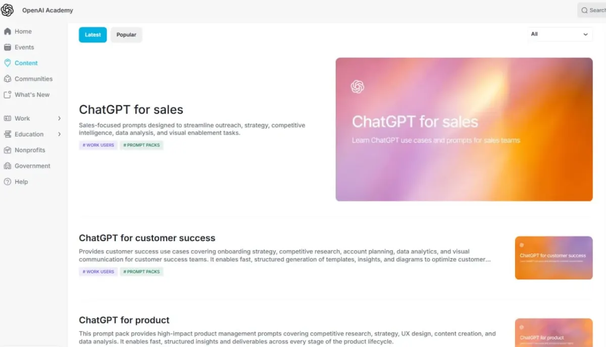 Screenshot of an OpenAI Academy webpage with navigation links and content sections Screenshot of an OpenAI Academy webpage with navigation links and content sections