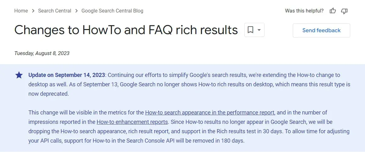Screenshot of a Google Search Central blog article about changes to HowTo and FAQ rich results Screenshot of a Google Search Central blog article about changes to HowTo and FAQ rich results
