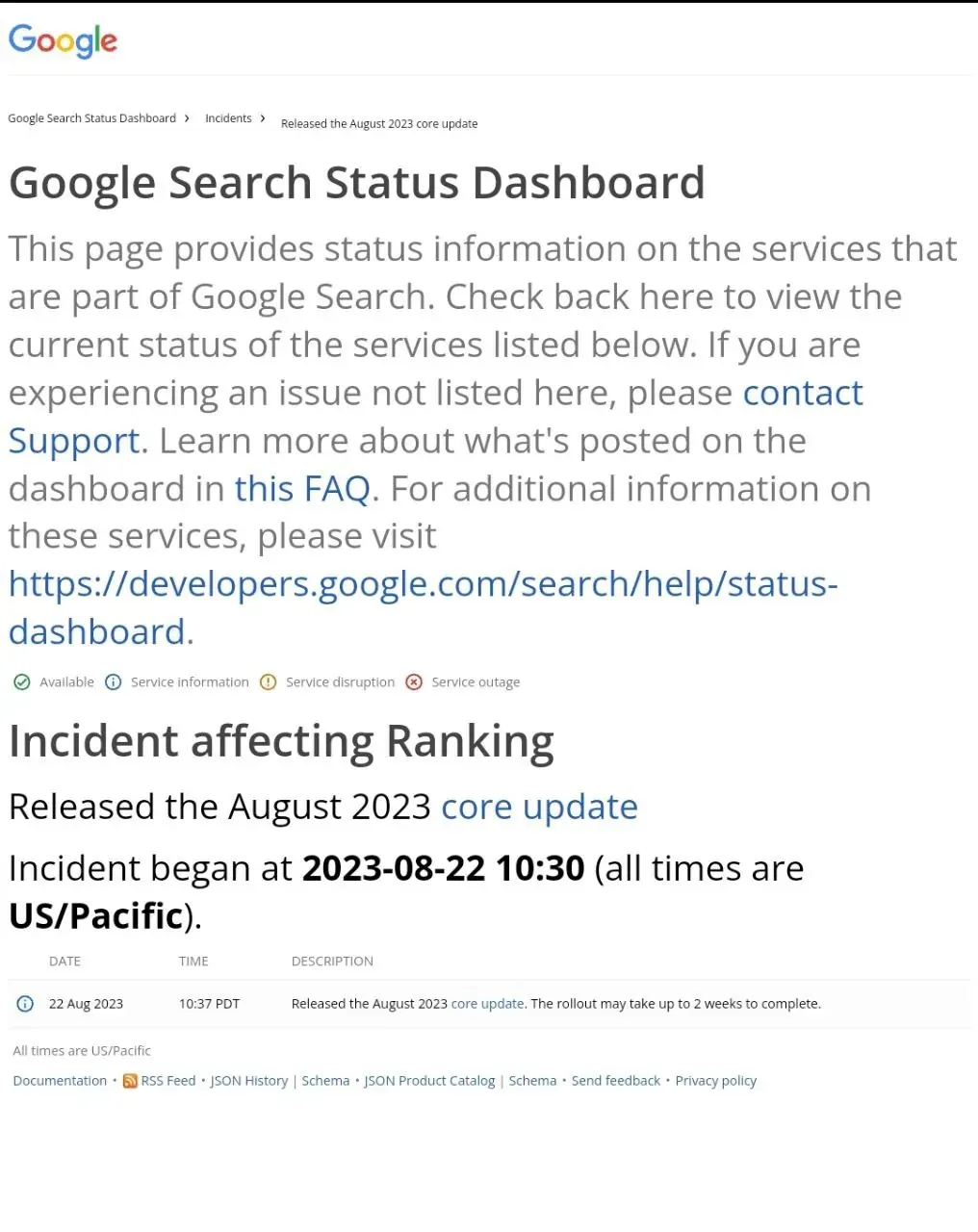 Google Search Status Dashboard showing an incident about the August 2023 core update affecting ranking Google Search Status Dashboard showing an incident about the August 2023 core update affecting ranking